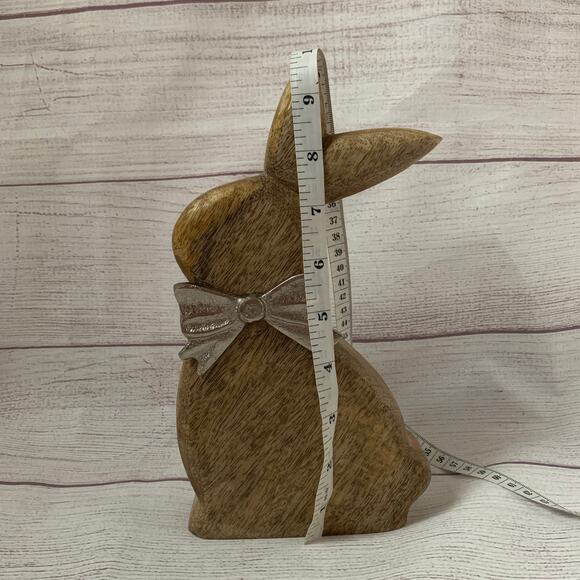 Wood Bunny Rabbit Figurine with Metal Silver Bow Easter Spring Farmhouse 9 3/4"H - Picture 11 of 12